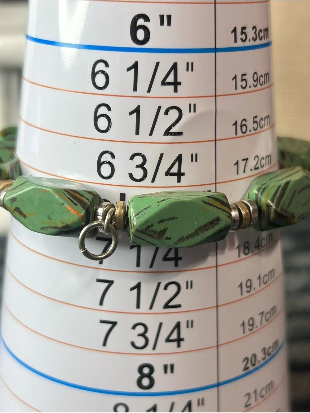 Olive Green Faceted Rice Bead Stretch Bracelet - Faux Wood Grain Chevron Pattern